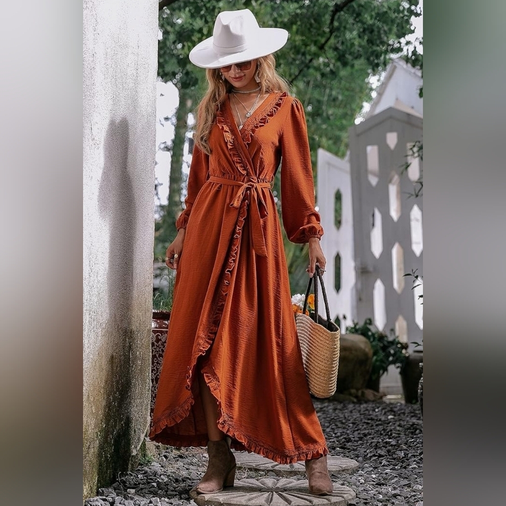 Women's Rust Orange Ruffled Faux Wrap Dress, Size Medium, Long Sleeve, Midi/Maxi